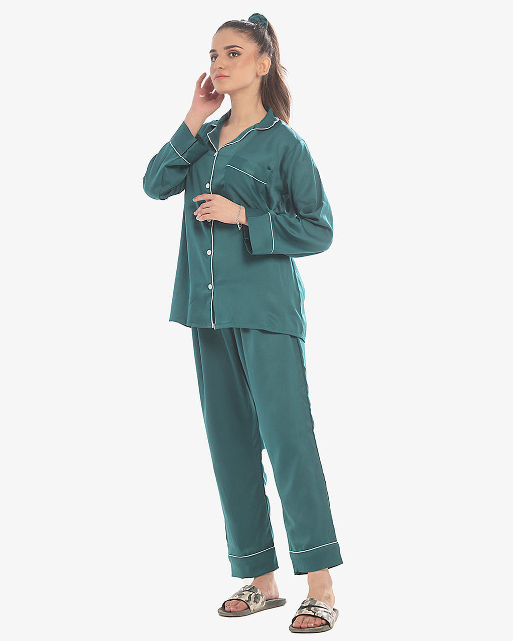 Silk Pajama Suit with Scrunchie - Pearl