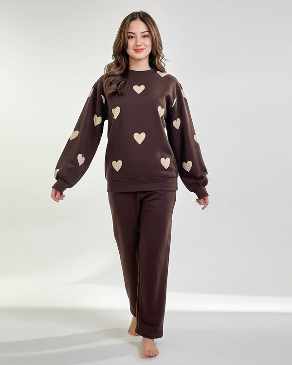 Fleece Pajama Set – Heart Cozy - Brown