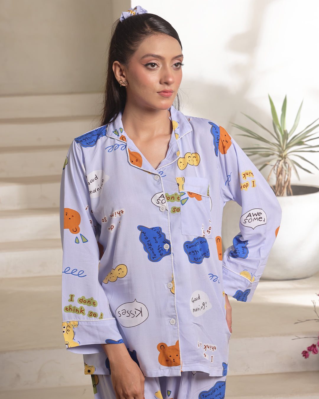 Linen Pajama Suit with Scrunchie  - Happy Snooze