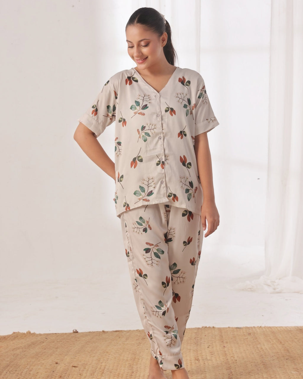 Silk Pajama Suit with Scrunchie - Lily Mist
