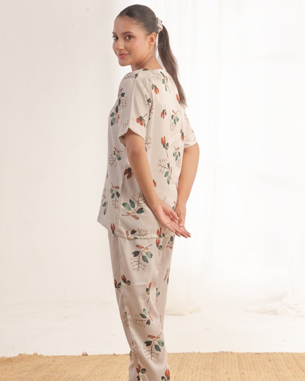 Silk Pajama Suit with Scrunchie - Lily Mist