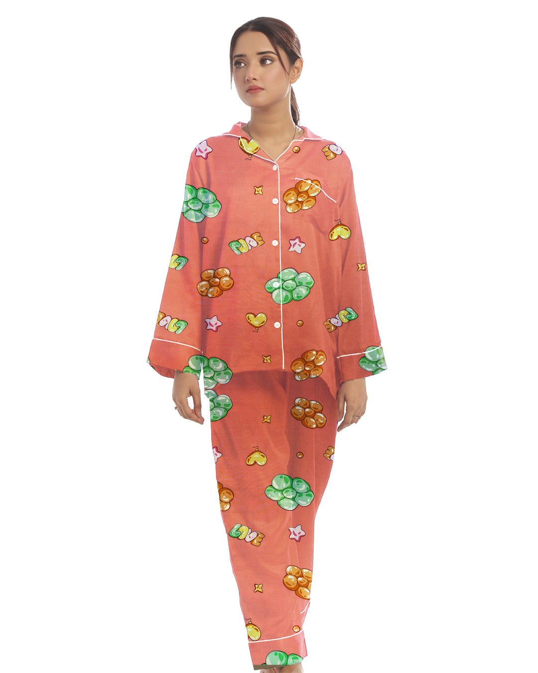 Linen Pajama Suit with Scrunchie - Peach Bliss