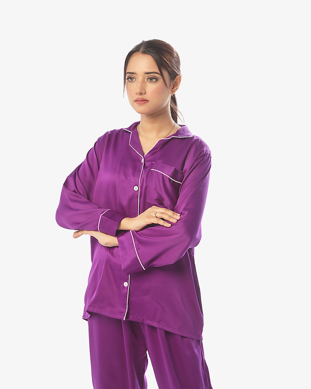 Silk Pajama Suit with Scrunchie - Pearl