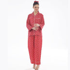 French Red Flowers Linen Pajama Suit with Scrunchie