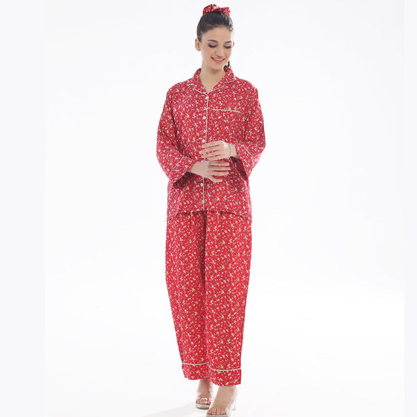 French Red Flowers Linen Pajama Suit with Scrunchie