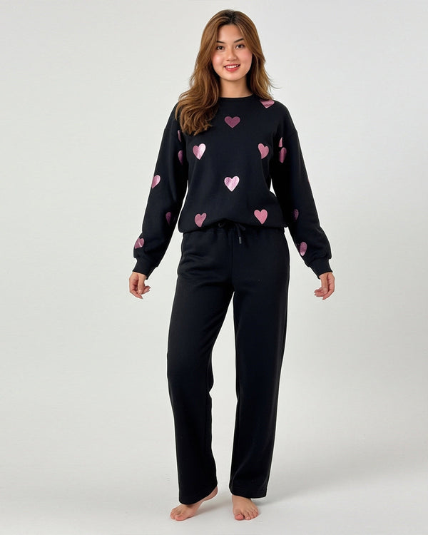 Fleece Pajama Set – Heart Cozy - Black
