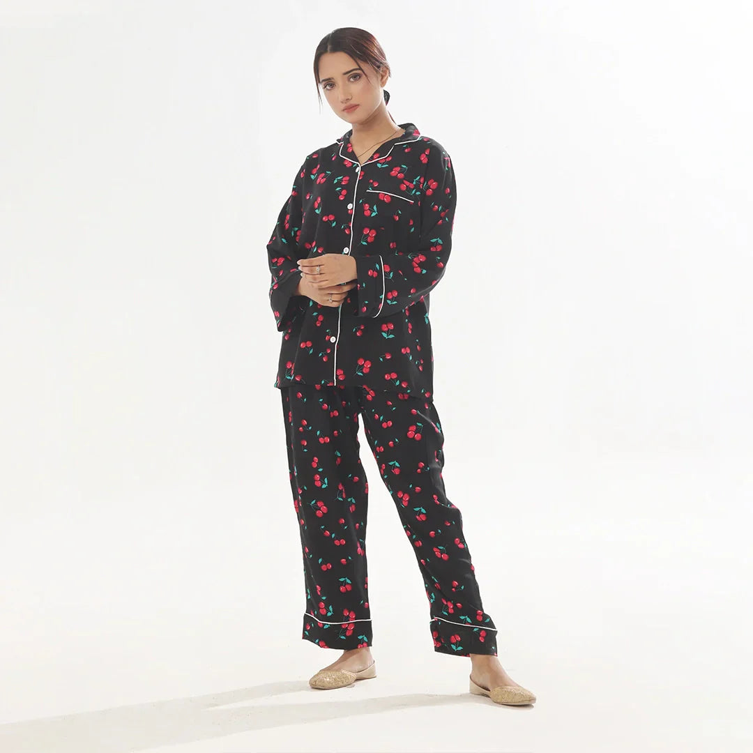 Cherry Linen Pajama Suit with Scrunchie