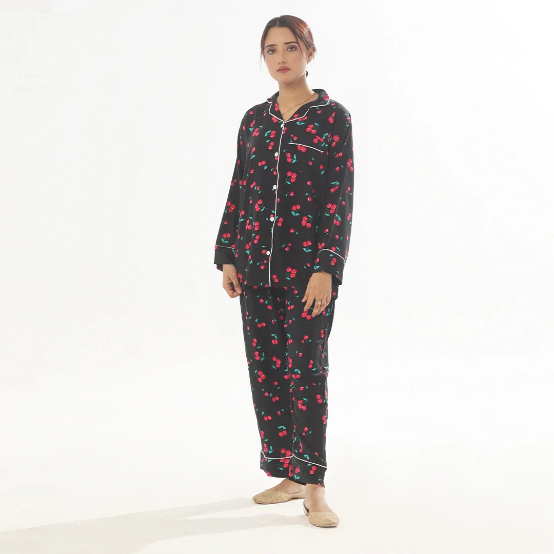 Cherry Linen Pajama Suit with Scrunchie