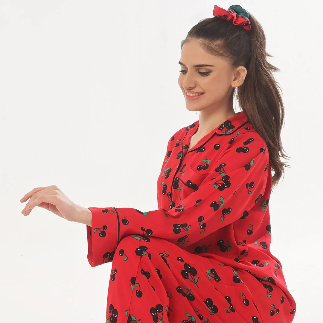 Cherry Linen Pajama Suit with Scrunchie