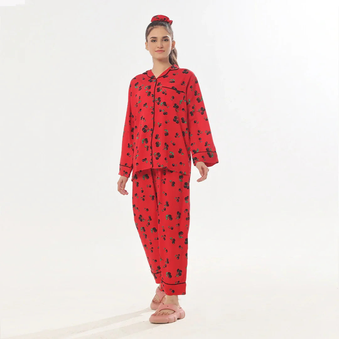 Cherry Linen Pajama Suit with Scrunchie