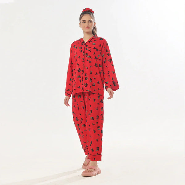 Cherry Linen Pajama Suit with Scrunchie
