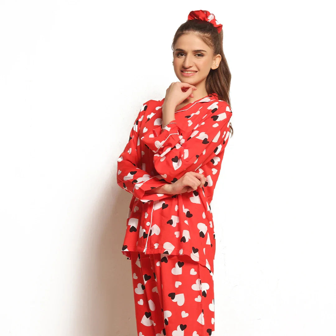 Sweetheart Red Linen Pajama Suit with Scrunchie