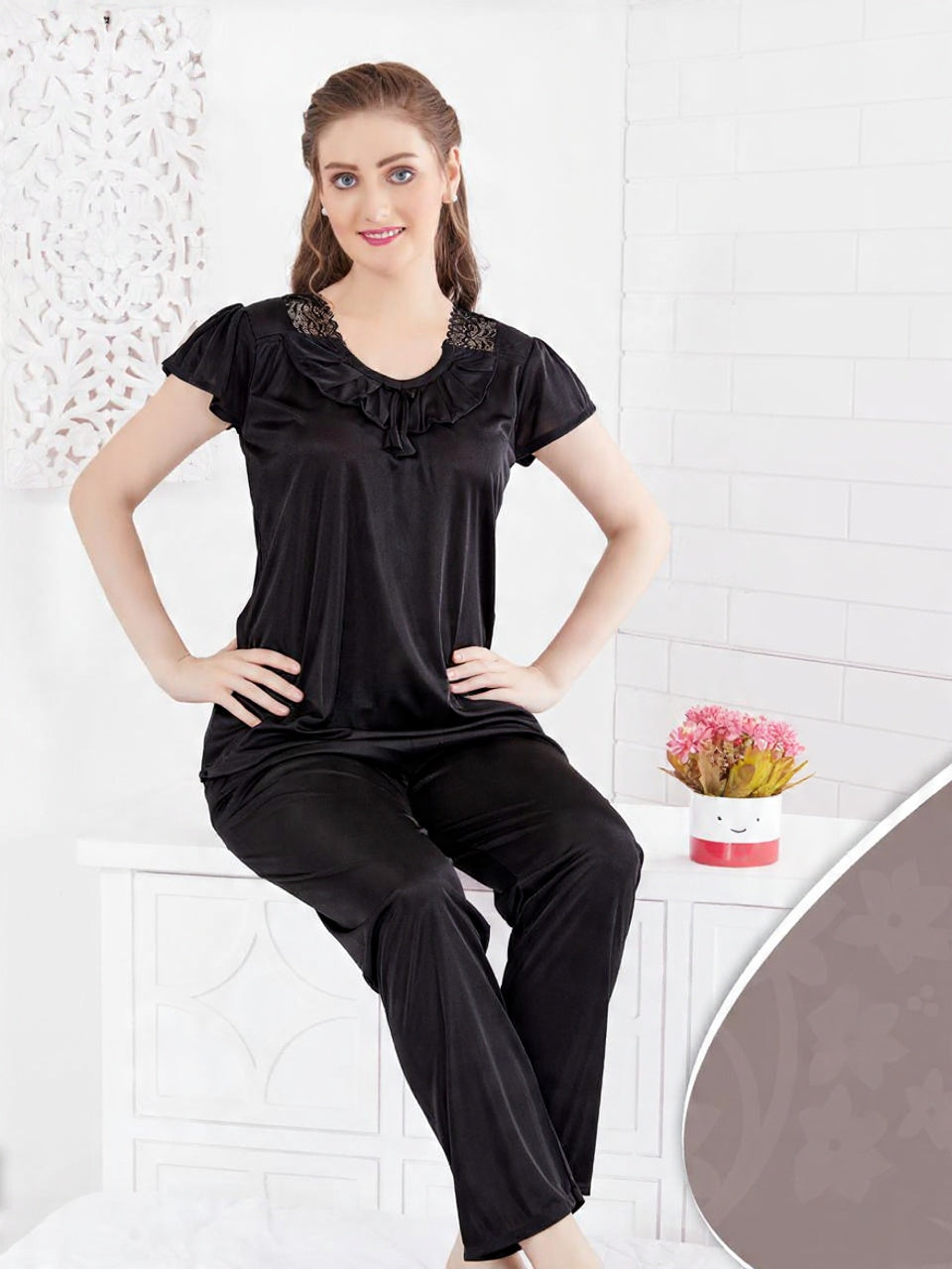 Midnight Noir "Flounce & Flora" Ruffled Silk PJ Set