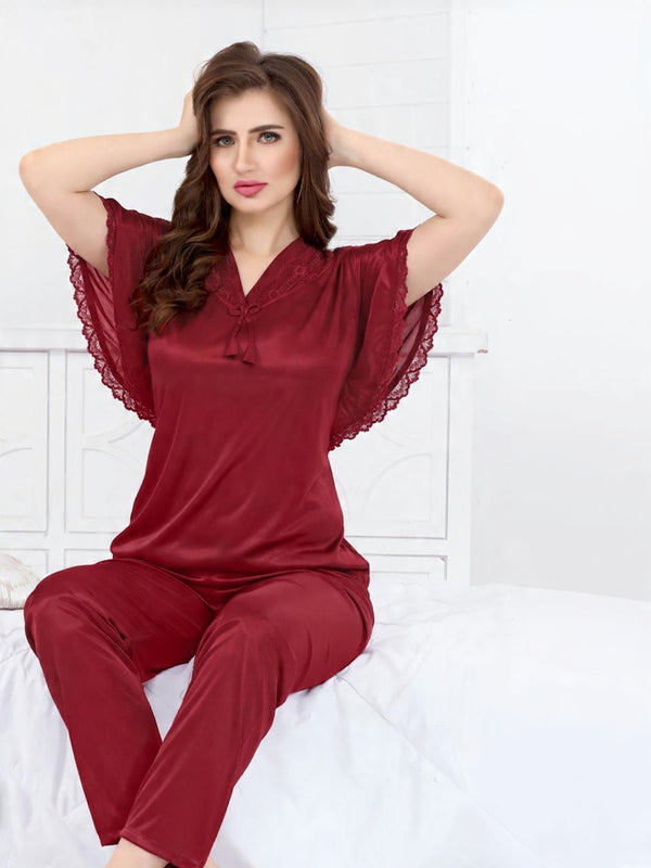 Deep Mulberry "Goddess" V-Neck Flutter Silk PJ Set