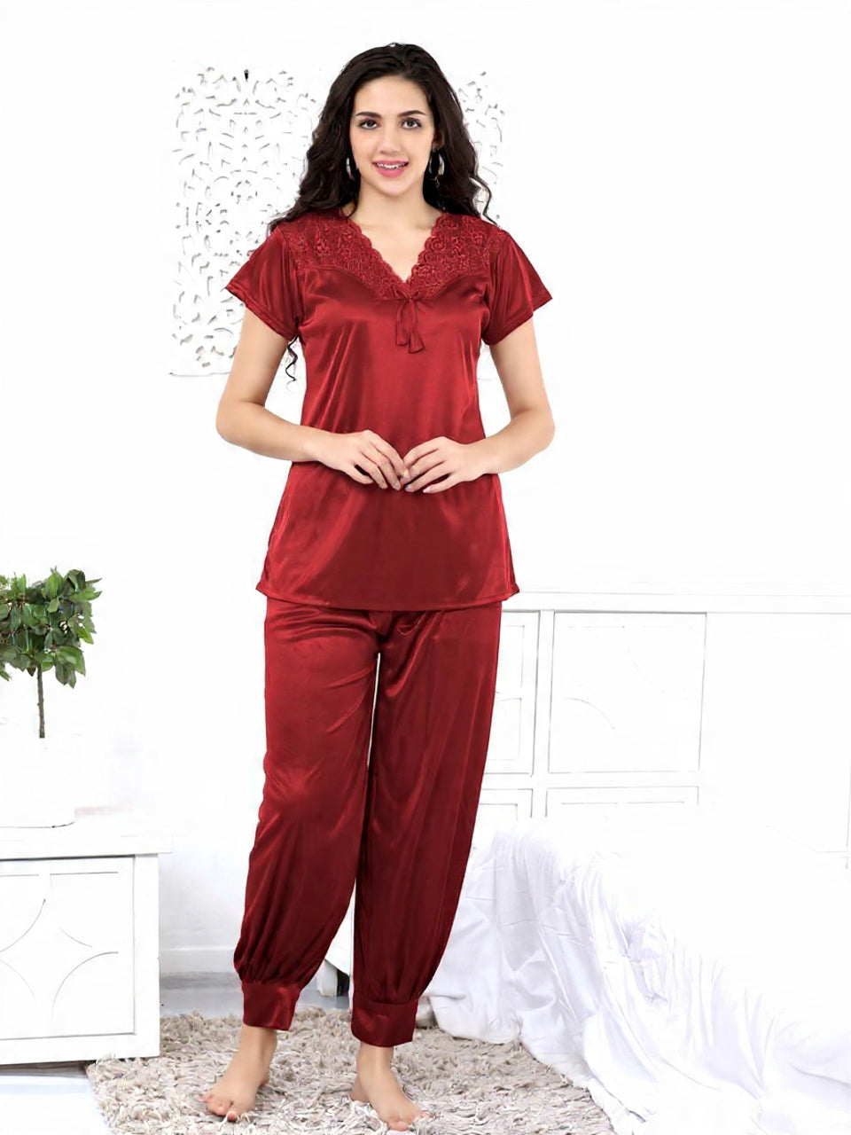 Ruby Bordeaux "Urban Romance" Jogger-Cuff Silk PJ Set