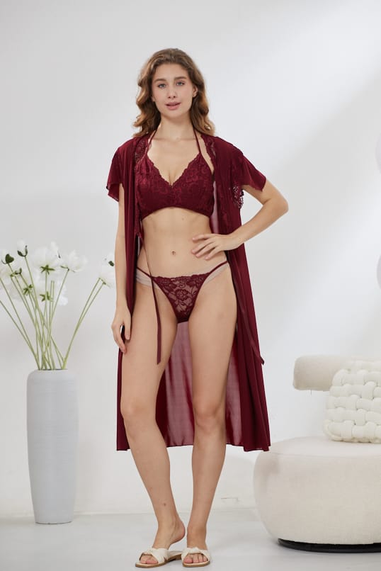 6-Piece Satin Nightwear Set - Marvella Maroon